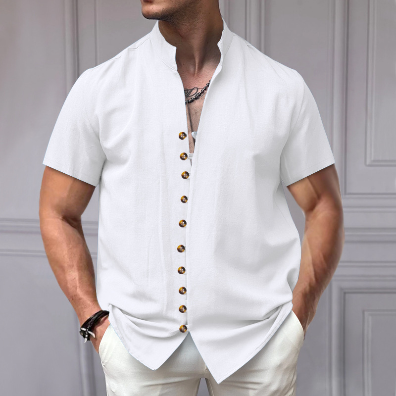 Camicia in lino da uomo con collo alla coreana e bottoni_voghion.com