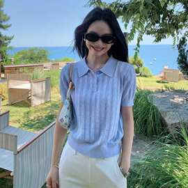 巴黎假日 复古polo领镂空针织短袖T恤女修身百搭正肩上衣白蓝波浪
