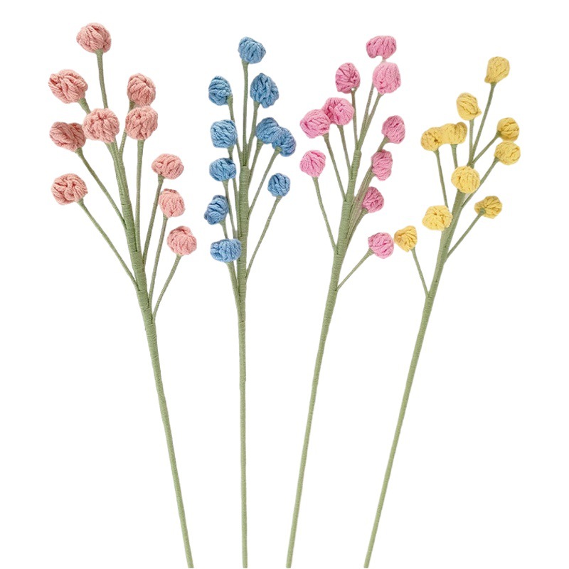 Ramo de flores eternas tejidas a mano multicolor acabado flor falsa Ramo de frutas pequeñas tejidas a todo fósforo de lana con hierba