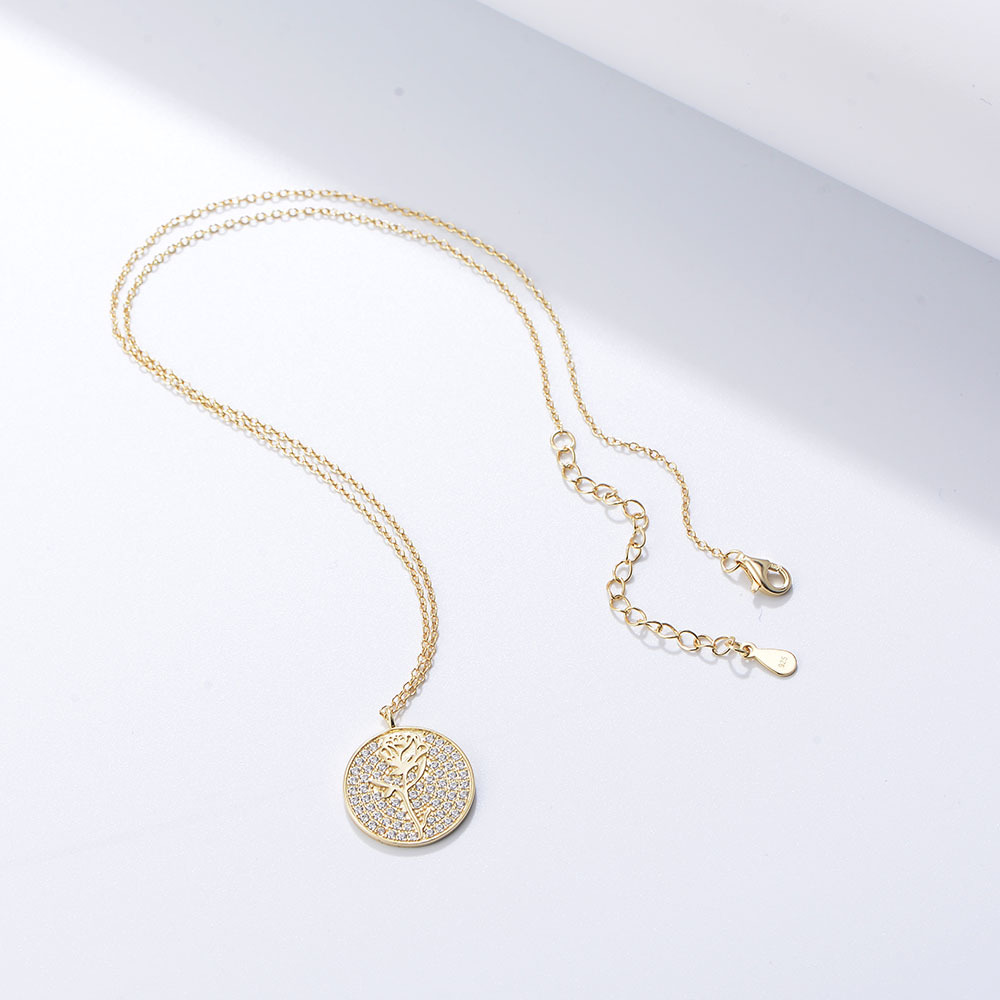 S925 collar de diamantes de plata mujer europea y americana ins moneda redonda micro con incrustaciones de circón rosa collar colgante cadena de clavícula