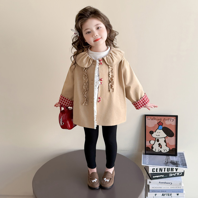 女童拼格子风衣外套春款翻领女宝中长款大衣时髦春秋休闲上衣外套