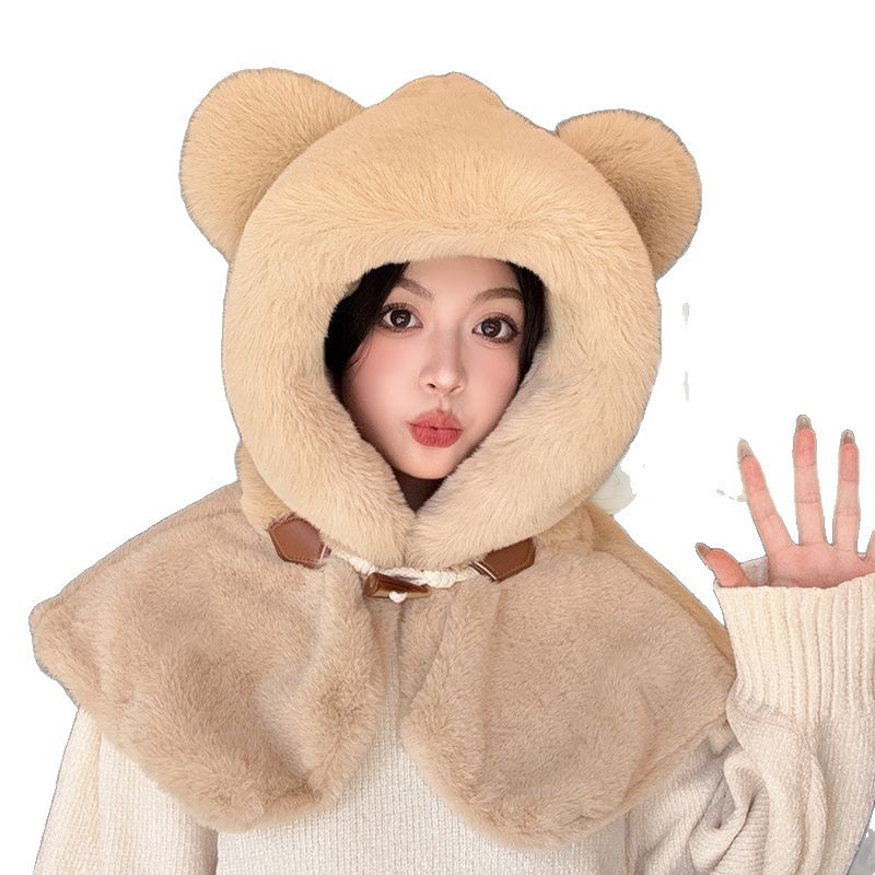 两件套帽子女秋冬韩版百搭连帽披肩冬季加厚保暖护耳毛绒围脖坎肩|undefined