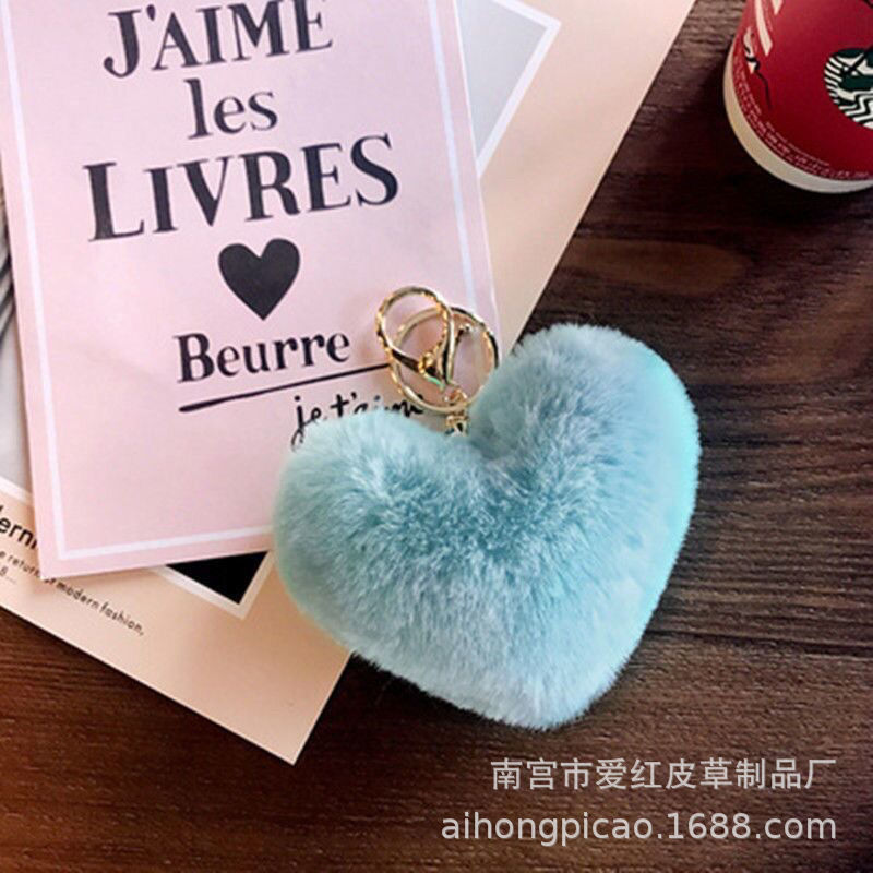 Fábrica al por mayor imitación de piel de conejo rex colgante de amor multicolor felpa corazón de melocotón llavero bolso en forma de corazón colgante de hebilla de anillo redondo