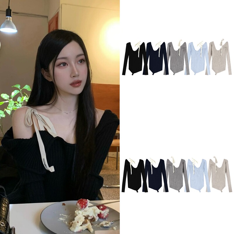 Korean Glowny Lace-Up Off-Shoulder Knitwear Sexy One-Shoulder Design Slim Bottoming Zhao Meiyuan's Same Knitwear Korean Glowny Lace-Up Off-Shoulder Knitwear Sexy One-Shoulder Design Slim Bottoming Zhao Meiyuan's Same Knitwear