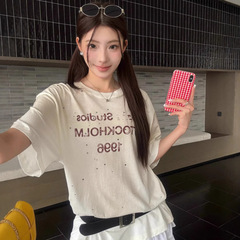スポットac新汚れ半袖1996古いアルファベットの色あせたスプレーは、ゆるい半袖tシャツの女性卸売りをしています