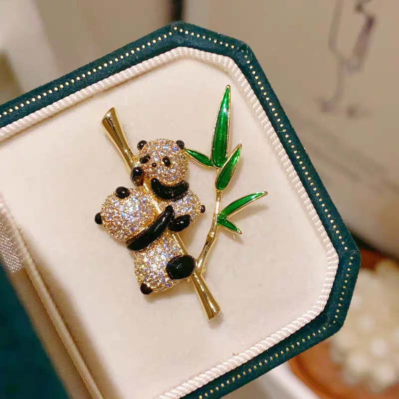 New Chinese-Style Double Panda Bamboo Brooch, National Style Enamel Bamboo Animal Pin, Suit and Qipao Brooch Accessory
