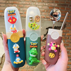 Cartoon Strawberry Bear children's cutlery box set for primary school students portable 304 stainless steel chopsticks and spoon storage