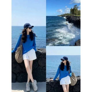 克莱因蓝色长袖t恤罩衫女春秋季新款宽松显瘦薄纱慵懒风针织上衣