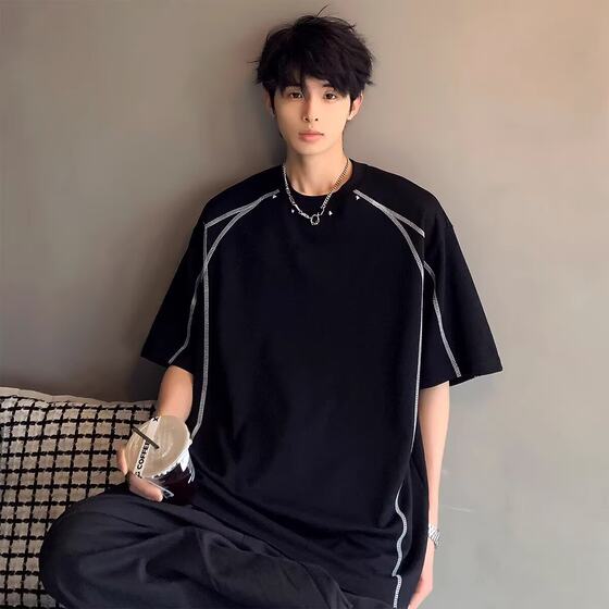 Summer High Street Heavy Shoulder Short-sleeved T-shirt Men's Niche Contrast Color Line Design Sense Cyber Celebrator Handsome Small Collar T-shirt