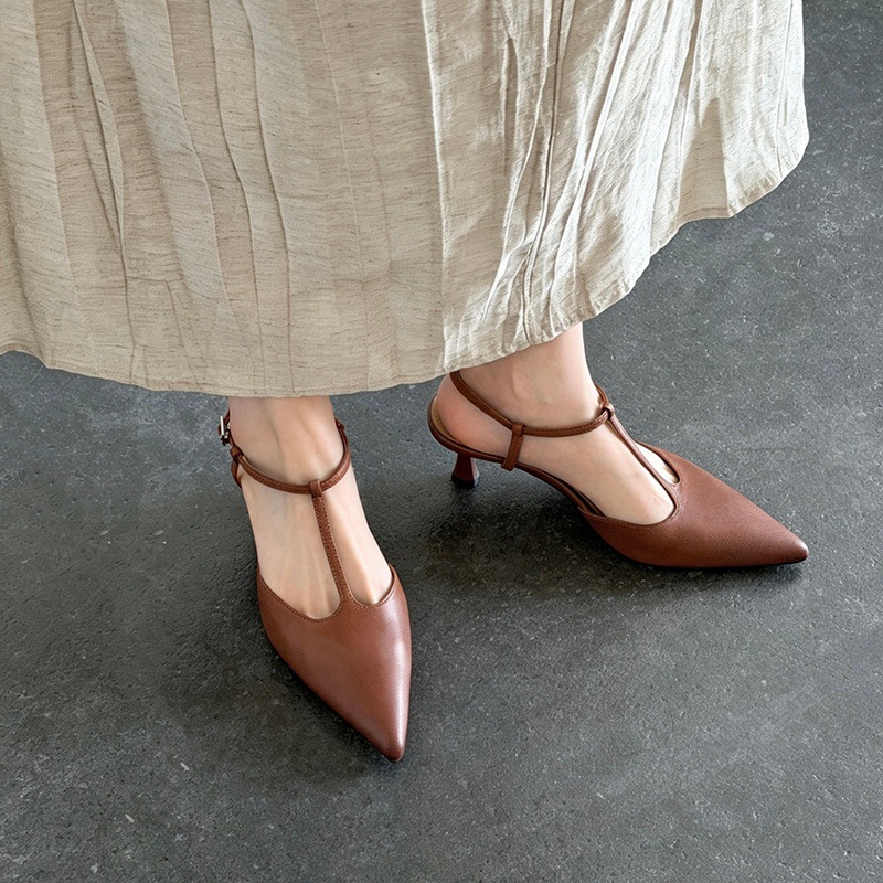 Sandal cao gót nữ mũi nhọn quai chữ T hở gót, da cừu, gót 5 cm — màu nâu