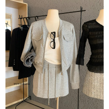 WGWE7236双拉链复古灰色长袖卫衣外套休闲套装抽绳包臀半身裙两件