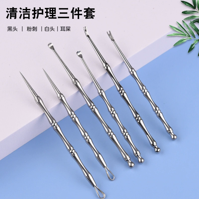 Набор из трех частей для чистки и ухода за иглами от прыщей Nail Art Steel Push Tool Ложка для копания ушей Салон красоты Специальная игла для прыщей из нержавеющей стали