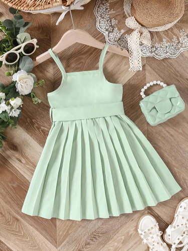 Ins children's clothing  new solid color simple temperament spaghetti strap pleated dress princess dress vacation dress