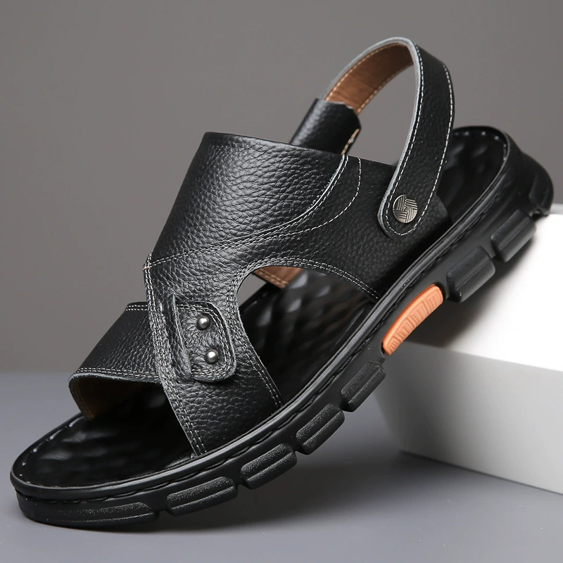 Сандалии мужские, мужская пляжная обувь с открытым носком на толстой подошве, модные уличные кожаные повседневные тапочки большого размера на мягкой подошве, мужская обувь