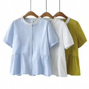 2025 summer short sleeve shirt lace collar plus size women's waist slim fat girl pleated cardigan fat girl shirt 656