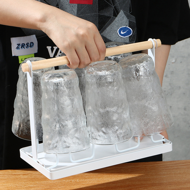 Japanese-style Iron Drain Cup Holder Household Wooden Handle Cup Holder with Tray Cup Holder Kitchen Cup Storage Rack Japanese-style Iron Drain Cup Holder Household Wooden Handle Cup Holder with Tray Cup Holder Kitchen Cup Storage Rack