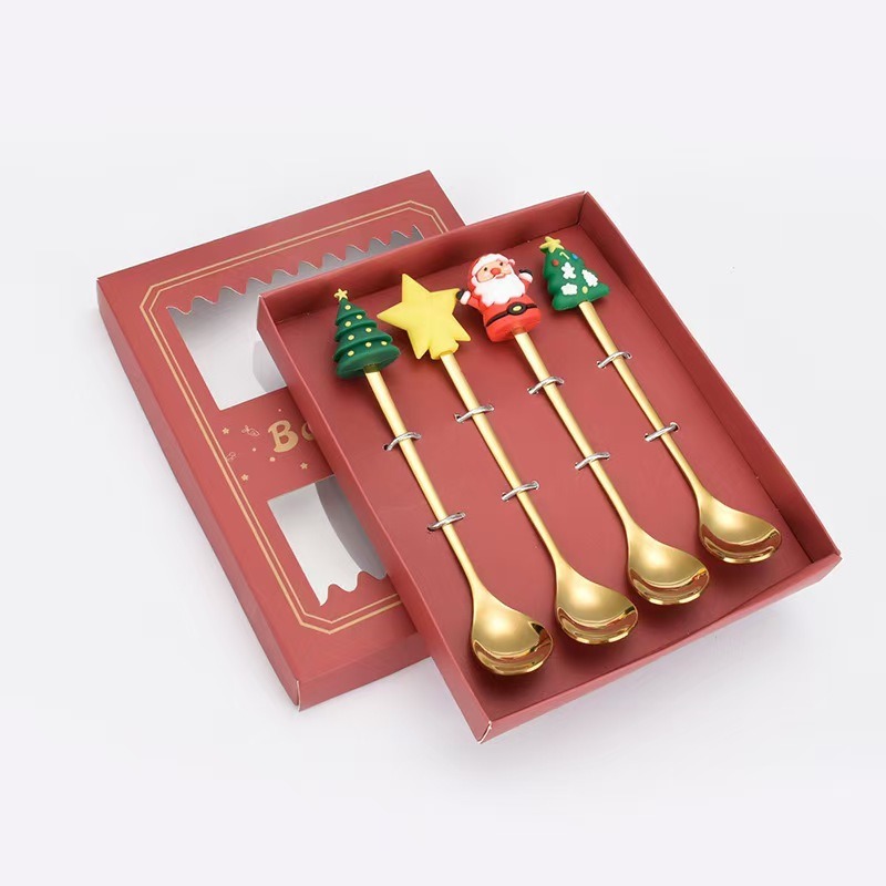 Cucharas de acero inoxidable transfronterizas muñecas de Papá Noel cubiertos cajas de regalo caseras de café mezclador cucharas de postre horquilla de frutas