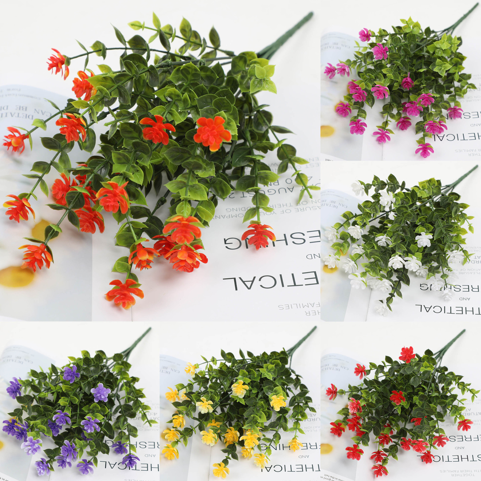 Flores artificiales de imitación, horquilla 7, eucalipto/camelia, decoración