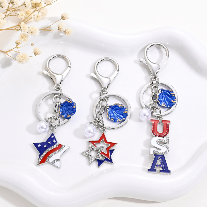 American Flag Color Matching Rhinestone Usa Star Heart Keychain, Cross-Border Hot-Selling Independence Day Commemorative Keychain