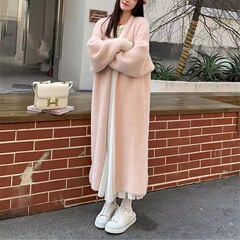 慵懒风长款过膝仿水貂绒毛衣外套女宽松秋冬复古纯色针织开衫大衣