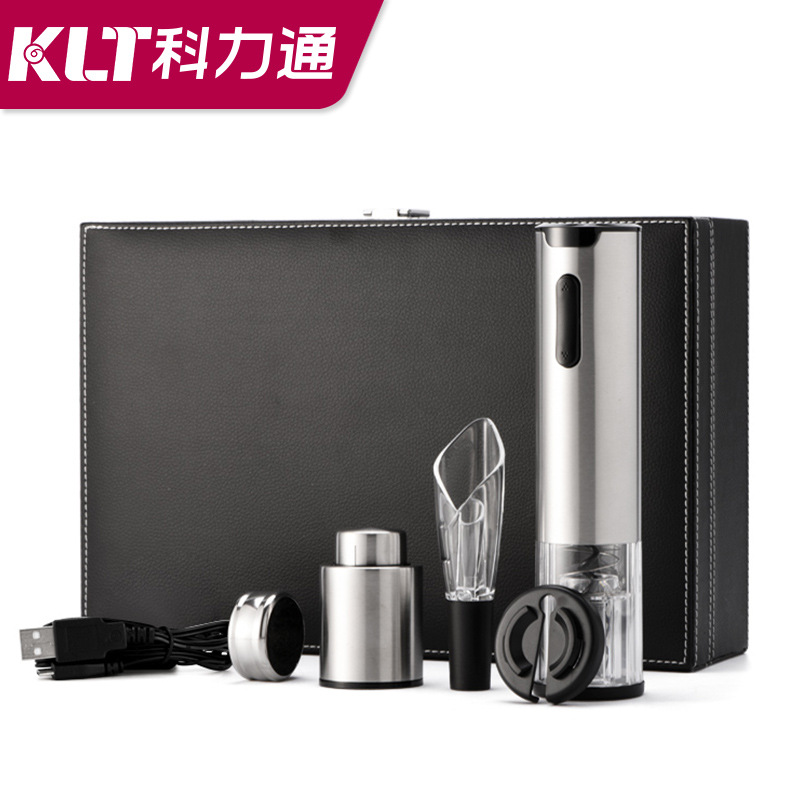 Juego de juego de vino de caja de cuero 5 1 (tapón de vino de acero inoxidable, verter vino, cuchillo de papel de anillo de vino, abrebotellas de batería de litio)