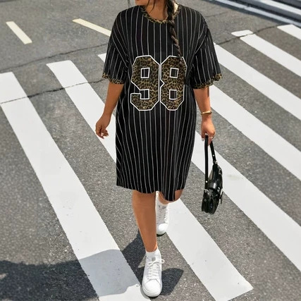 European and American Plus-Size Casual Striped T-Shirt Dress Leopard Print Loose Short-Sleeve Dress Wholesale