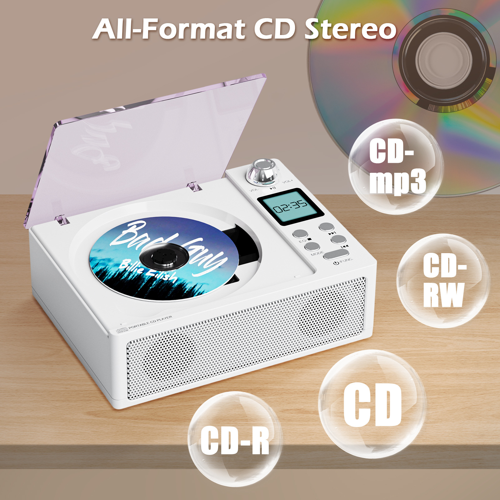 New Bluetooth Portable Cd Player, Dual Speakers, Hifi Sound Quality, Support Usb/Tf Card/Fm
