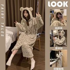 韩版豹纹珊瑚绒睡衣女冬季加绒加厚连帽睡袍美少女学生宿舍家居服