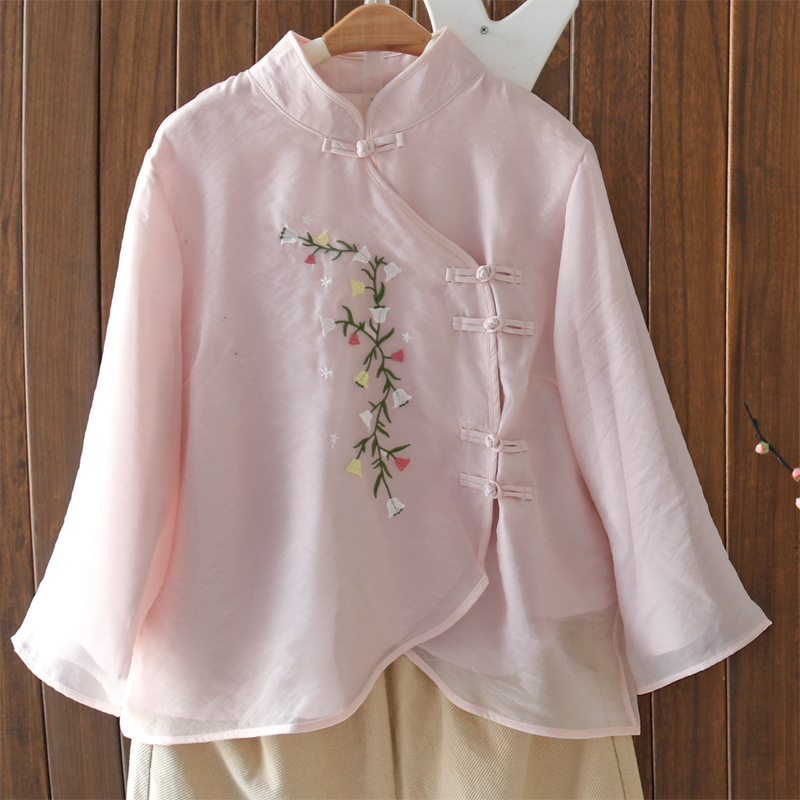 欧根纱绣花上衣女2023春夏装民族风宽松大码盘扣文艺复古茶服衬衫