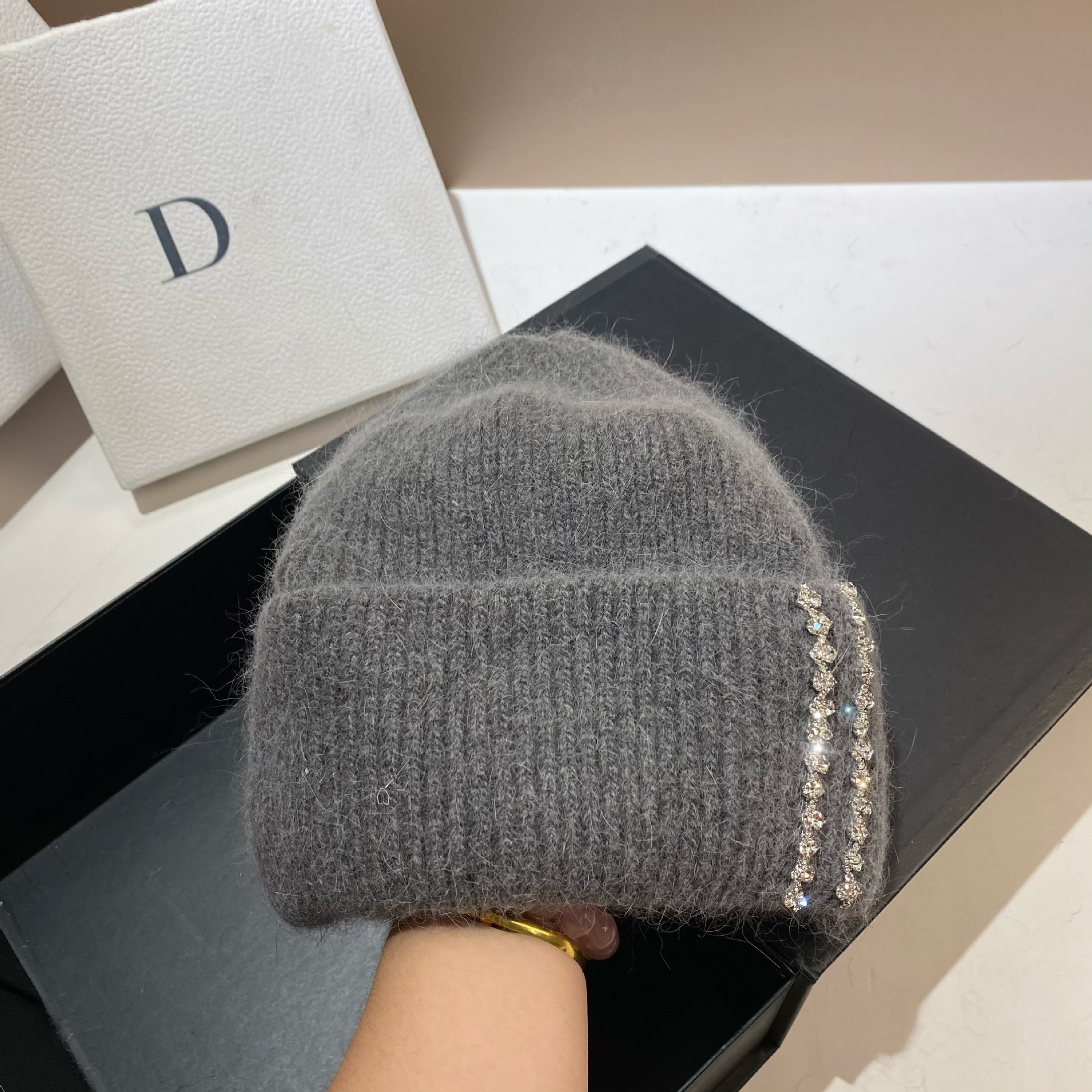 Winter-Thermomütze für den Außenbereich, langes Kaninchenhaar, doppelt gefaltete Strickmütze, Mode-Promi-Feng-Shui-Diamant-Wollmütze_voghion.com
