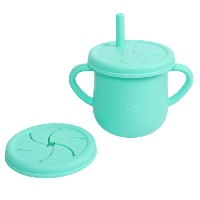 Vaso de aprendizaje para bebés con doble asa, vajilla para niños, vaso con pajita de silicona, vaso para refrigerios, vaso para agua con escala, vaso con doble tapa