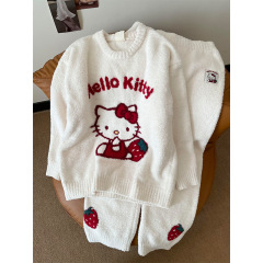 软糯少女可爱kitty猫半边绒睡衣女款秋冬保暖长袖长裤家居服套装