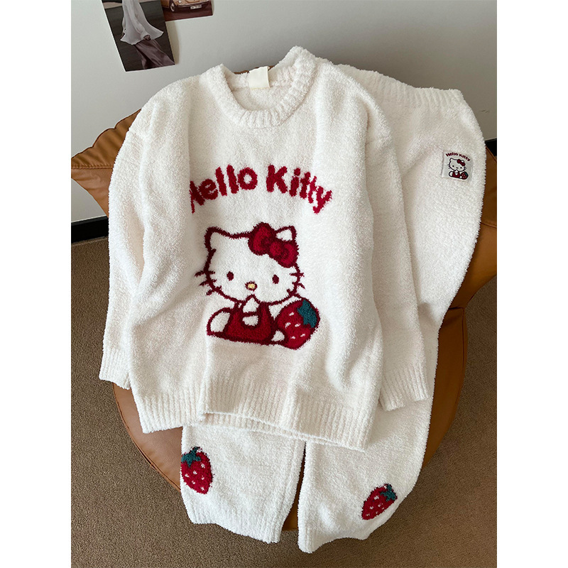 软糯少女可爱kitty猫半边绒睡衣女款秋冬保暖长袖长裤家居服套装|undefined