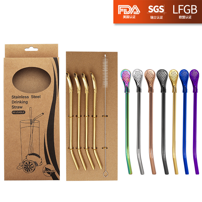 304 cuchara de paja de filtro de acero inoxidable cuchara de té perfumada vajilla cuchara de agitación de paja de bebida chapada en titanio