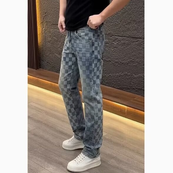 Summer New Style Youth Jeans, Fashionable Versatile Casual Long Pants, Trendy Straight-Leg Pants, Unique Plaid Men's Clothing