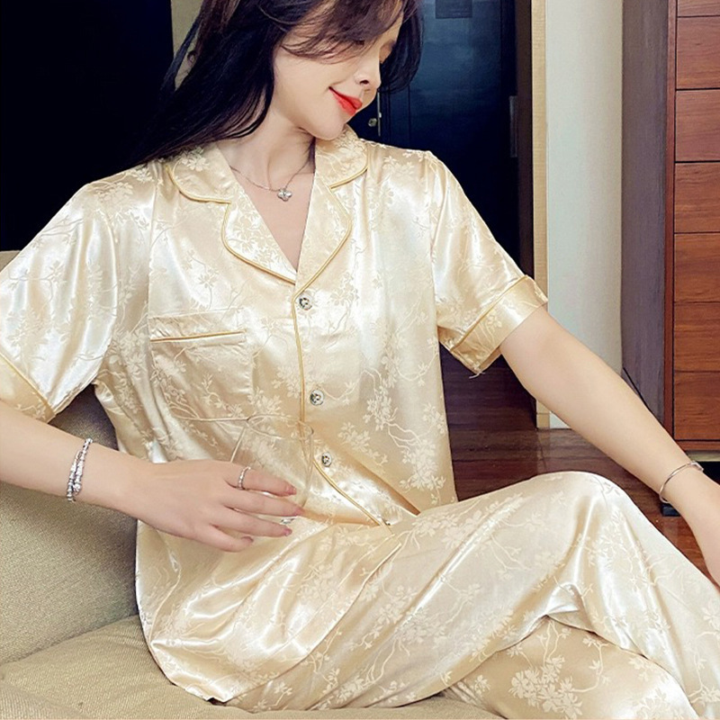 Light Luxury Japanese-Style Summer Trendy Ice Silk Thin Short-Sleeve Long Pants Floral High-End Silk Loungewear Set Wholesale Light Luxury Japanese-Style Summer Trendy Ice Silk Thin Short-Sleeve Long Pants Floral High-End Silk Loungewear Set Wholesale