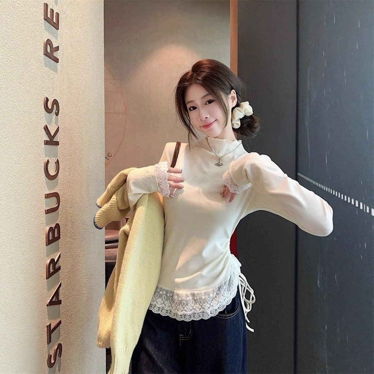 French-Style Half-High Collar Lace Patchwork Women's 2025 New Autumn and Winter Long-Sleeve Top, Suitable for Layering or Wearing Alone