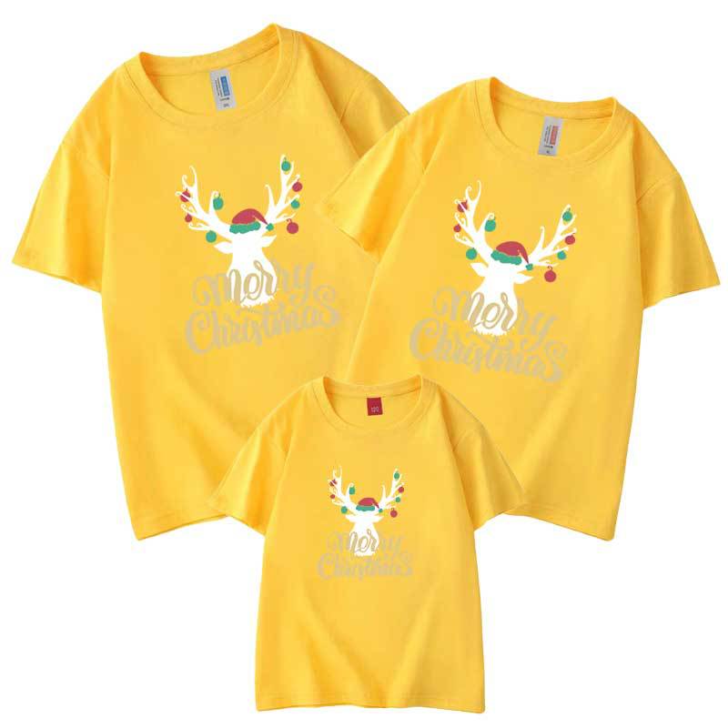 Camiseta al por mayor carta de verano cabeza de ciervo de Navidad autoproducido y vendido algodón refinado ropa de padre-hijo ropa de clase ropa para niños manga corta cuello redondo