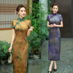 Old Shanghai floral satin long-sleeved short-sleeve cheongsam 2024 spring and summer new retro Chinese-style cheongsam dress for middle-aged and elderly women