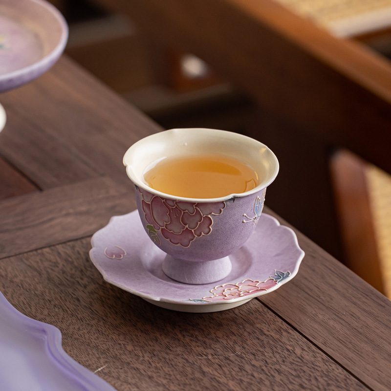 手绘紫色牡丹陶瓷普洱杯套组大号主人杯功夫茶具茶盏品茗杯|undefined