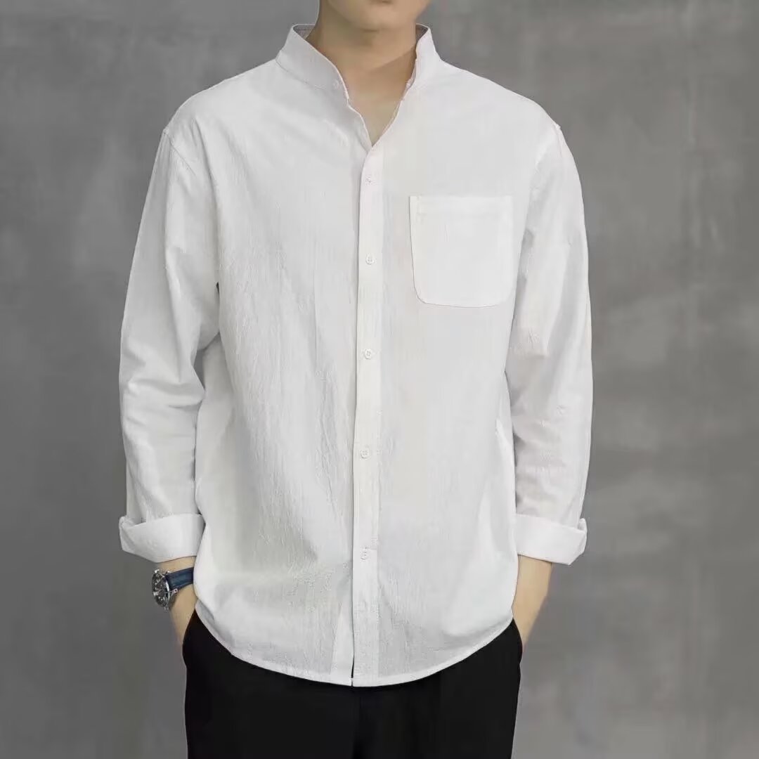 Linen Shirt Men's Long-sleeved Shirt with Vertical Collar Handsome Thin Chinese Style Summer Cotton Linen Men's Casual Coat Top