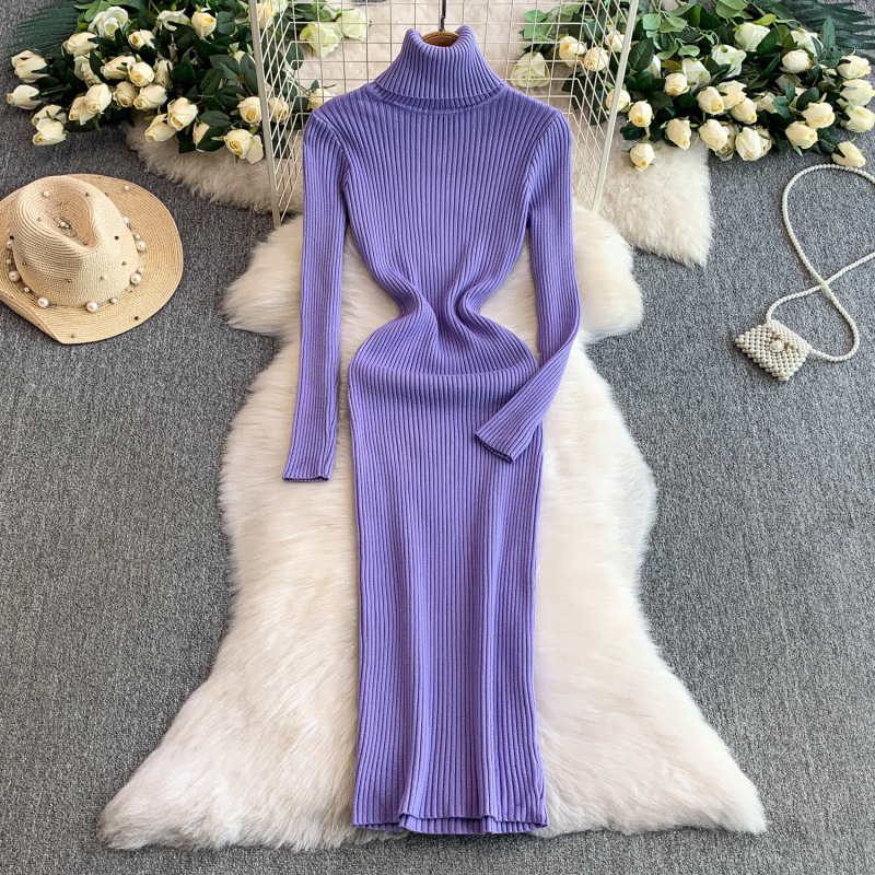 High-End Inner Wear Slimming Look High-Neck Long-Sleeved Dress for Women Autumn and Winter Knitted Elastic Buttocks Waist-Showing Elegant Hip-Hugging Skirt