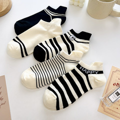 新款黑白條紋短襪女 ins休閒百搭襪學院風運動襪船襪防滑短筒襪