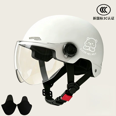 3C certification electric motorcycle helmet men's, Motosiklet kaskı (dəbilqə) - 02-white-transparent-short-lens-silver-white-bear-ear-protection