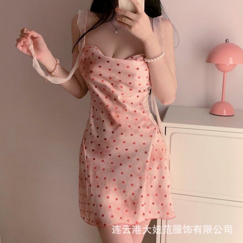 Big Girl Style Satin Polka Dot Print Lace Patchwork Dress with Chest Pads, Waist-Cinching Camisole Nightgown and Robe Set for Women Big Girl Style Satin Polka Dot Print Lace Patchwork Dress with Chest Pads, Waist-Cinching Camisole Nightgown and Robe Set for Women