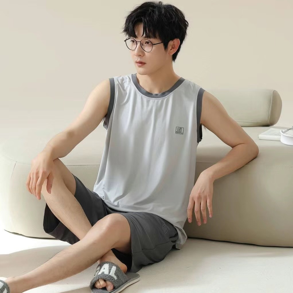 모달 남성 잠옷 여름 민소매 조끼 여름 남성 조끼 심플 대형 쿨 홈웨어 세트