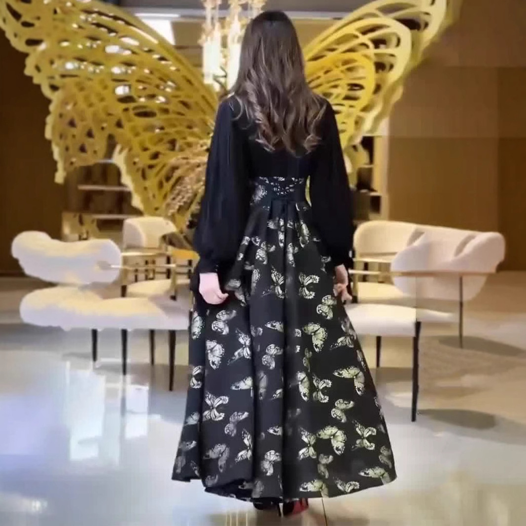European American 2025 Spring Elegant And Noble Long-Sleeved Dynamic Romantic Style Gold-Embossed Long Dress For_ecoleips.com
