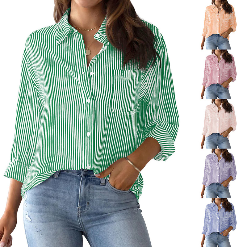 Women's Button-Up Shirt Striped Classic Long Sleeve Collar Office Work Shirt Top with Pocket