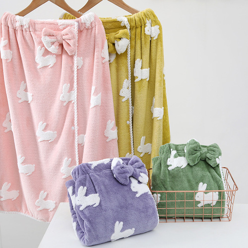Xiangfeng's new coral velvet cartoon bunny jacquard towel, bath towel, shower cap, bathrobe, women's home six-piece set