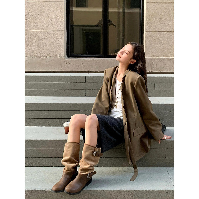 Genuine Leather ~ Masichun Same Style Women's Long Boots 2025 New Style Spliced Pleated Western Slouch Boots Riding Boots